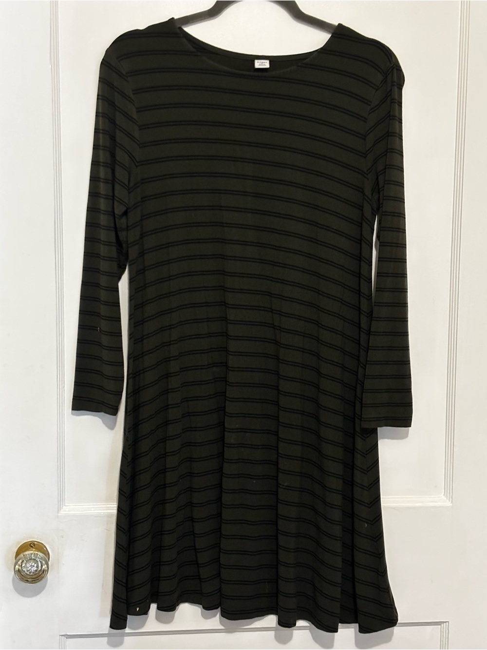 Old Navy Olive Green and Black Striped Long Sleeve Swing Dress